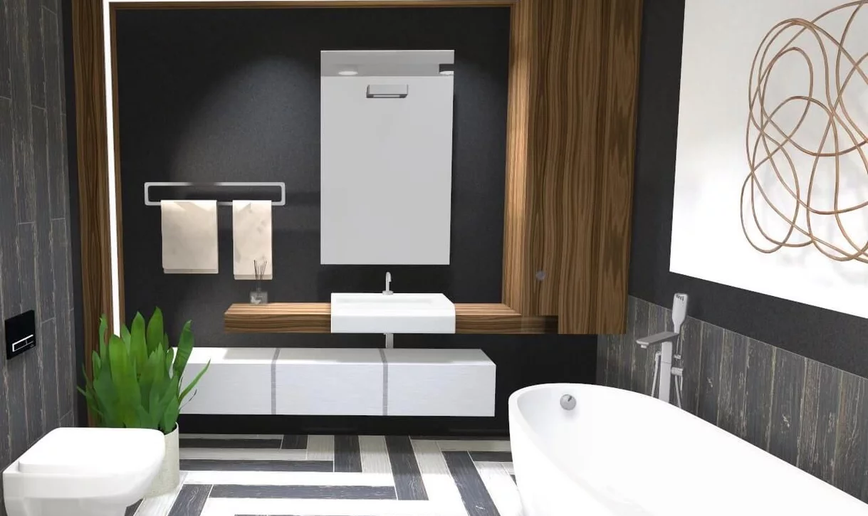 Nowoczesna łazienka z ciemnymi i jasnymi płytkami drewnopodobnymi oraz drewnianymi meblami.