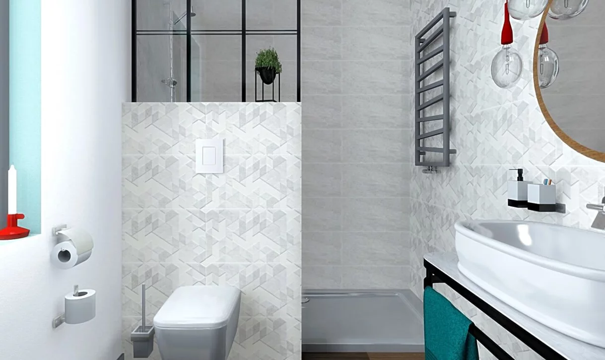 Nowoczesna łazienka z jasnoszarymi płytkami kamieniopodobnymi i geometrycznymi na ścianach.