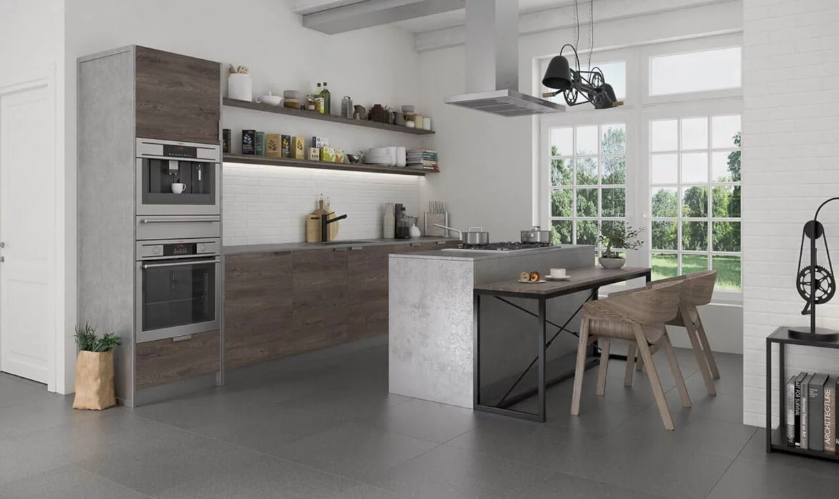 Nowoczesna kuchnia z matowymi płytkami imitującymi beton na podłodze i białymi płytkami cegiełkowymi na ścianie.