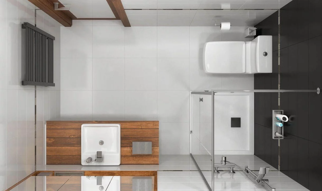 Nowoczesna łazienka z białymi i czarnymi płytkami oraz blatem z płytek drewnopodobnych.