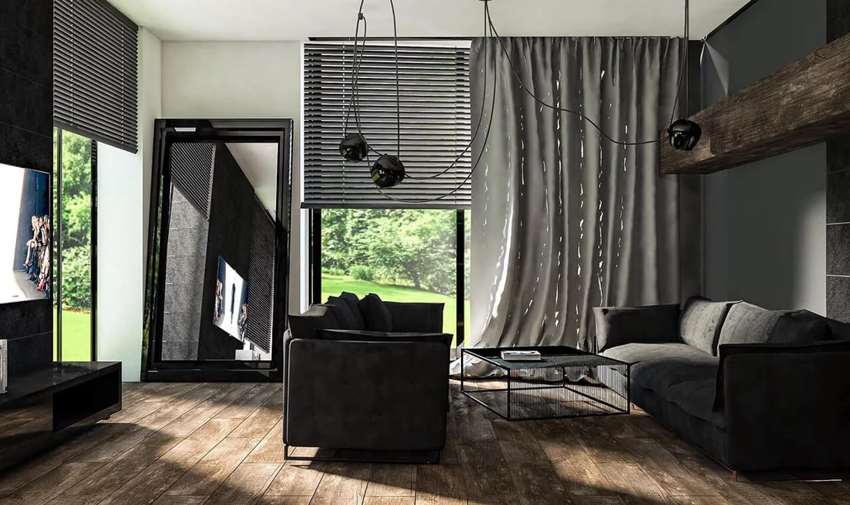 Salon w stylu industrialnym z podłogą z płytek drewnopodobnych i ścianą z płytek imitujących beton.