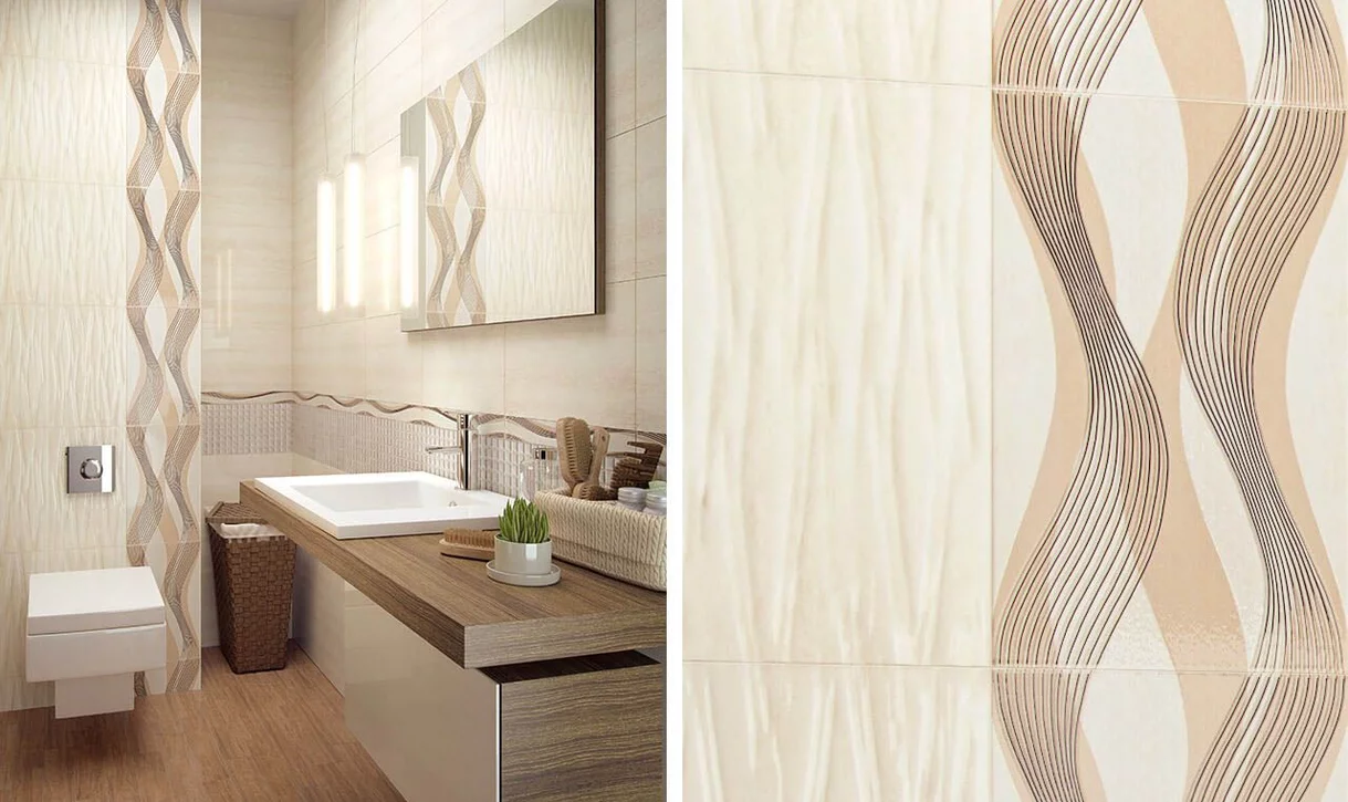 Nowoczesna łazienka z teksturowanymi ceramicznymi płytkami ściennymi i drewnopodobną podłogą.