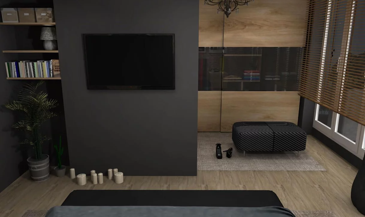 Nowoczesne wnętrze z jasnymi płytkami drewnopodobnymi na podłodze i czarną ścianą akcentową.