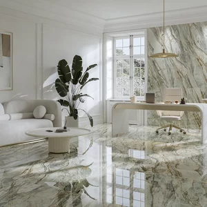 Nowoczesny gabinet w stylu modern luxury, stonowane jasnozielone ściany i podłoga z efektem marmuru, kolekcja Abstract Green.
