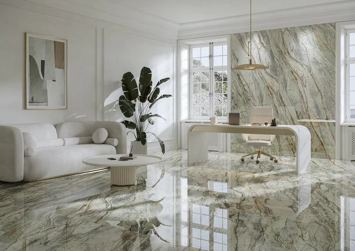 Contemporary modern luxury office with soft light green walls and marble-effect flooring, Abstract Green collection.