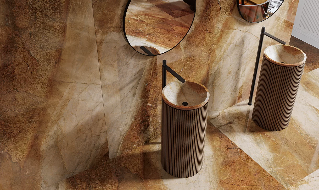 Nowoczesna łazienka w stylu modern luxury, rdzawa paleta barw i wykończenia, kolekcja Abstract Rust.