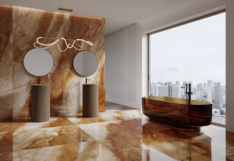 Łazienka w stylu modern luxury, ciepłe rdzawo-pomarańczowe wykończenia, kolekcja Abstract Rust.