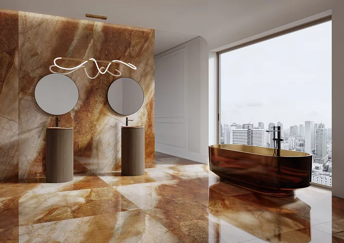 Modern luxury bathroom with warm rust-orange finishes, featuring the Abstract Rust collection.