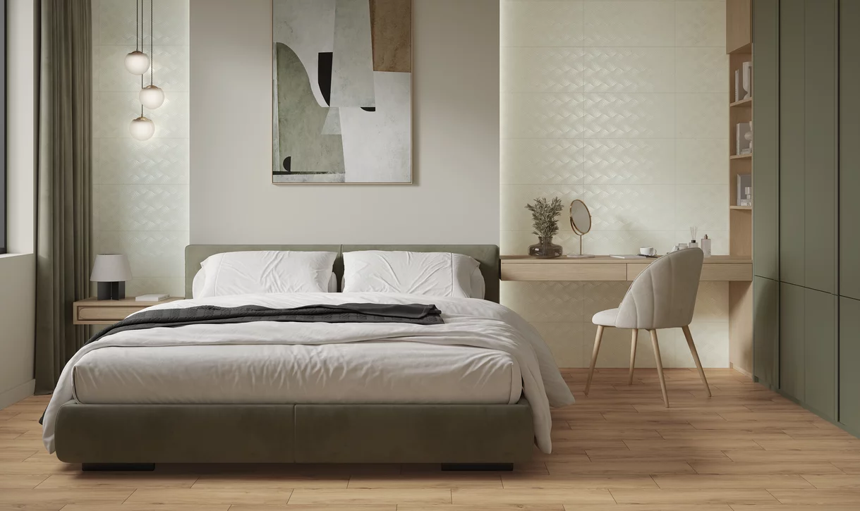 Minimalistyczna sypialnia z drewnopodobną podłogą i dekoracyjnymi płytkami ściennymi z kolekcji Bergdust.