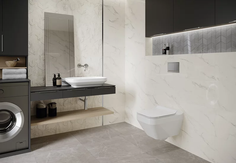 Nowoczesna łazienka z marmurowymi i matowymi płytkami inspirowanymi kamieniem z kolekcji Bliss.