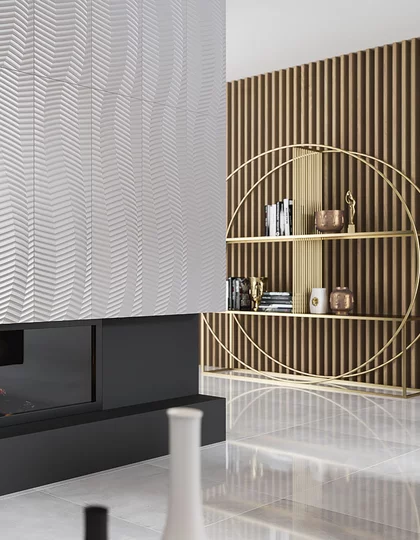 Nowoczesne wnętrze z srebrnymi płytkami kamieniopodobnymi z kolekcji Elegant Surface i marmurową podłogą.