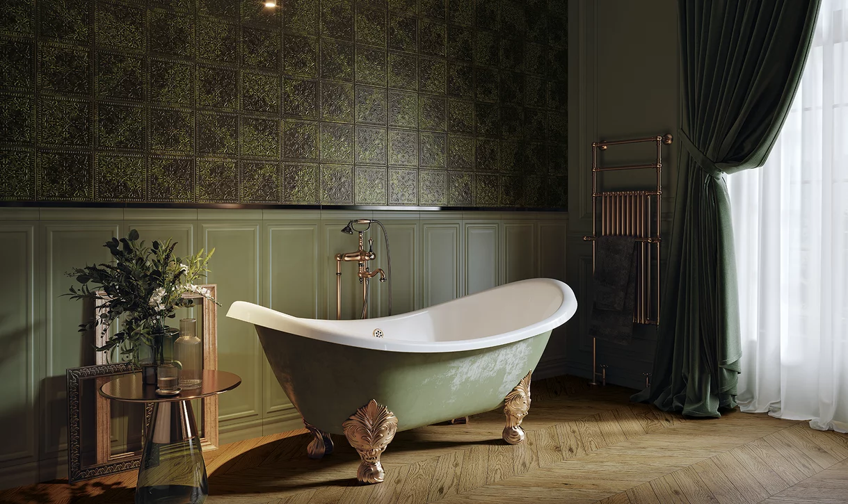 Elegancka łazienka z ciemnymi dekoracyjnymi płytkami ściennymi z kolekcji Green Philosophy i drewnopodobną podłogą.