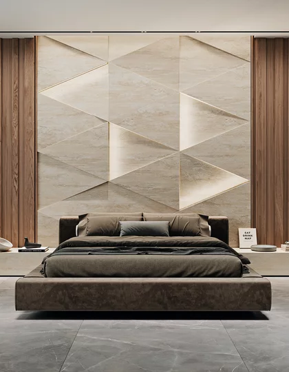 Nowoczesna sypialnia z geometrycznymi płytkami inspirowanymi kamieniem z kolekcji Infinity Tri-D i szarą podłogą imitującą beton.