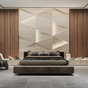 Nowoczesna sypialnia z geometrycznymi płytkami inspirowanymi kamieniem z kolekcji Infinity Tri-D i szarą podłogą imitującą beton.