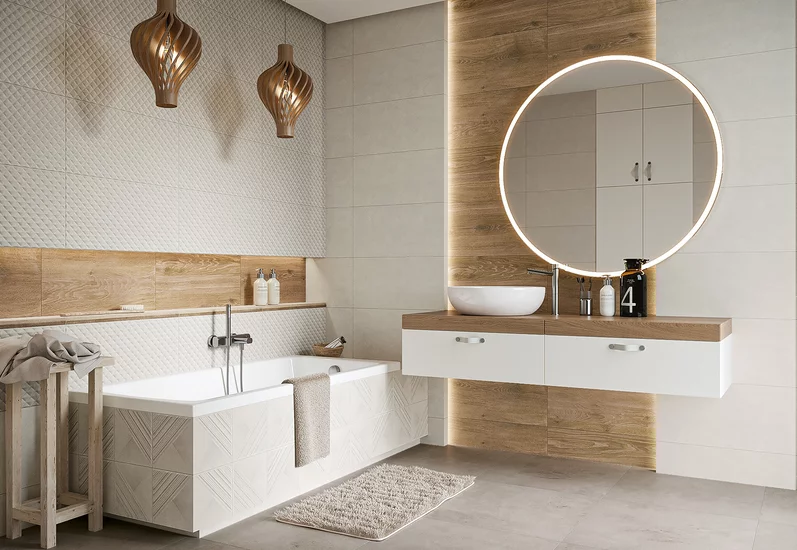 Elegancka łazienka z teksturowanymi płytkami ściennymi z kolekcji Memories i drewnopodobnymi akcentami.