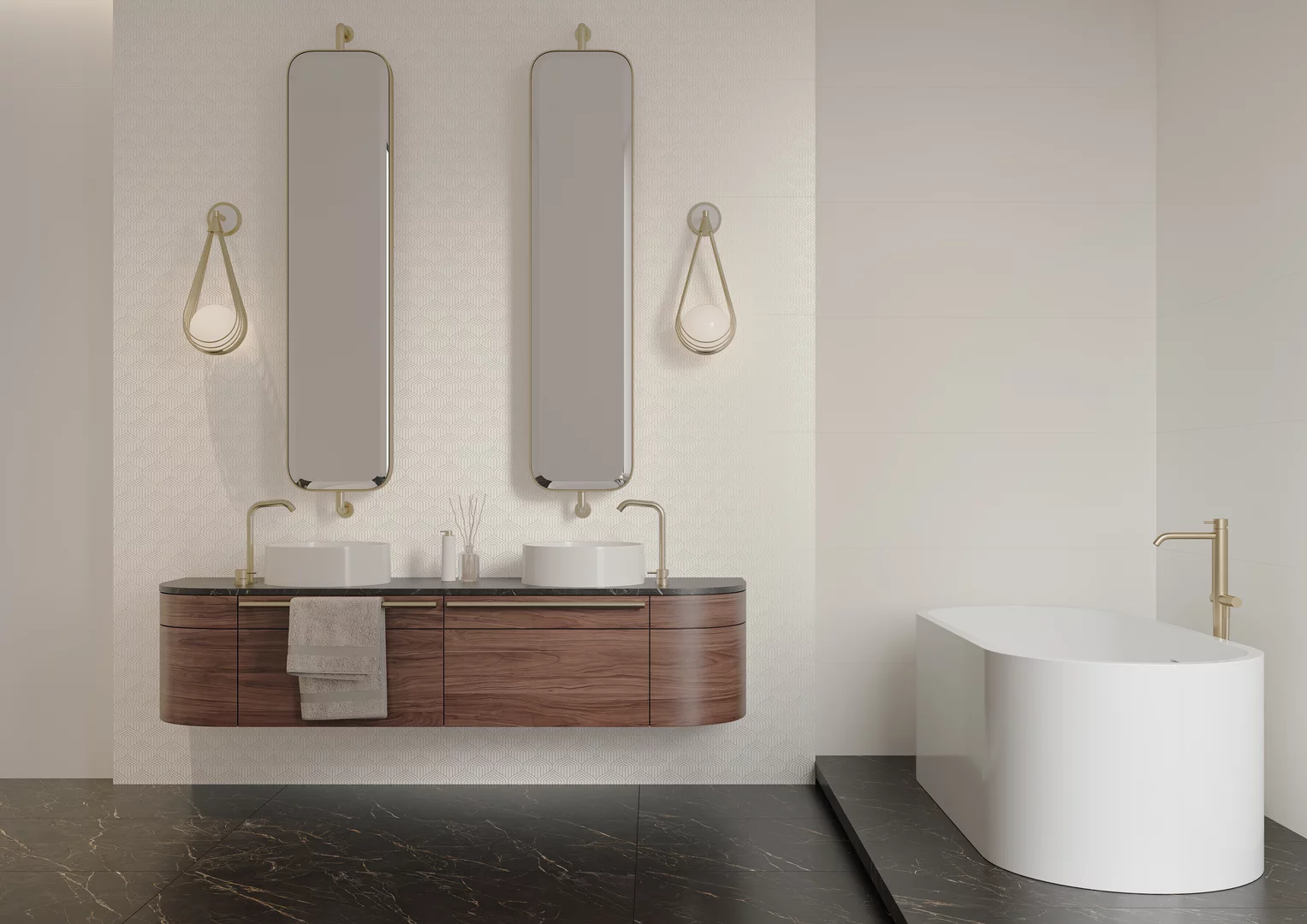 Nowoczesna łazienka z białymi strukturalnymi płytkami na ścianie z kolekcji Puris i czarnymi płytkami marmurowymi na podłodze.