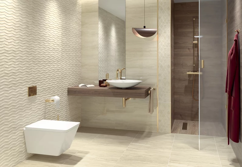 Nowoczesna łazienka ze strukturalnymi i kamieniopodobnymi płytkami z kolekcji Silence oraz drewnopodobnymi płytkami w kabinie prysznicowej.
