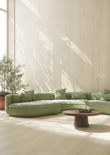 Przestronny salon z jasnymi płytkami Wave Desert, zieloną sofą w stylu modern i okrągłym drewnianym stolikiem.