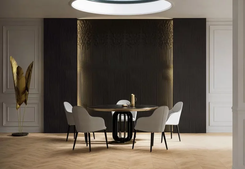 Nowoczesna jadalnia z ciemną ścianą i podłogą z płytek drewnopodobnych ułożonych w jodełkę.