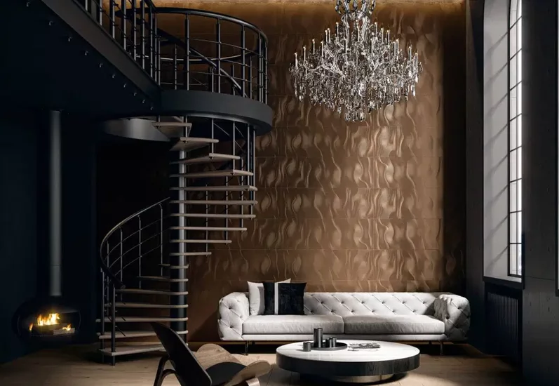 Nowoczesny salon z ciemną ścianą z teksturowanych płytek kamieniopodobnych i spiralnymi schodami.